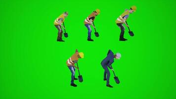 3d green screen construction workers shoveling from side angle video