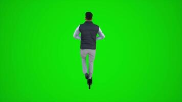 3d green screen clerk riding scooter in the street from the back angle video