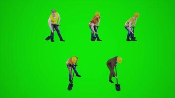 3d green screen construction workers shoveling from three corner angle video