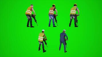 3d green screen construction workers digging the ground with hole digger from three angles video