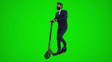 3d green screen male teacher riding scooter in the street from three cornered angle video