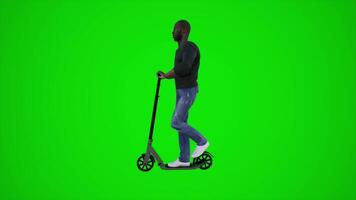 3d verde schermo un africano sportivo equitazione scooter su il strada a partire dal lato angolo video