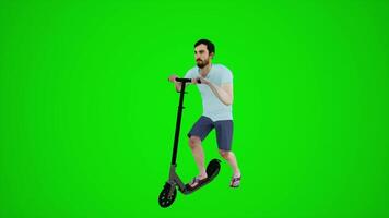 3d green screen lifeguard riding scooter in the streets of Europe from three cornered angle video