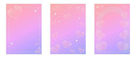 Set of posters with hearts. Gradient holographic backgrounds for Valentine's Day. vector