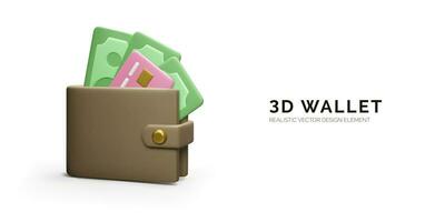 Wallet with paper currency and credit card in realistic cartoon style. 3D purse with green dollars. Vector illustration