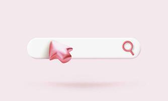 Search bar with mouse cursor and magnifier. Arrow below research field in pink color. Vector illustration