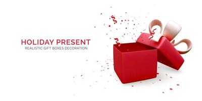 Gift box with red ribbon and bow and falling confetti. Present box decoration design element. Holiday banner with open box. Vector illustration