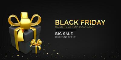 Holiday sale banner. Black friday or luxury Christmas poster. 3d boxes with gold ribbon and bow. Vector illustration