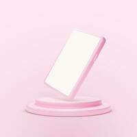 Pink smartphone on platform. 3d mobile phone template with empty screen. Pink studio background. Vector illustration