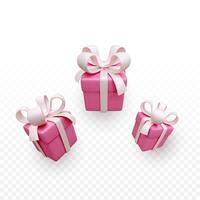 Falling gift boxes in soft pink colors. 3d render holiday closed surprise box with pink ribbon. Red present box. Vector illustration