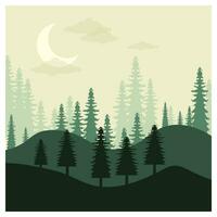 hermosa paisaje de montañas pino arboles y Luna vector