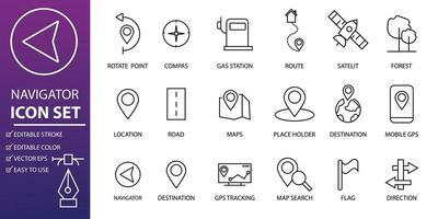 set of navigation icon pixel perfect editable stroke perfect for road direction design, travel, trip. holiday business icon element. web, apps vector