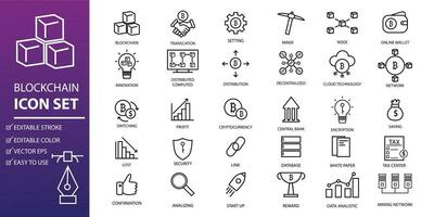 Technology icon set. Editable stroke outline crypto blockchain simple style. suitable for design of app, UI or web elements about software development, web and technology applications vector