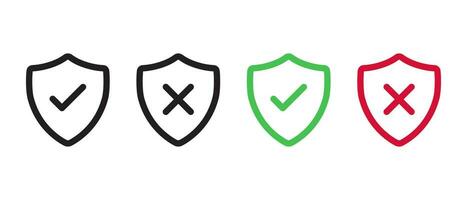 Shield with check mark and x cross icon vector in line style