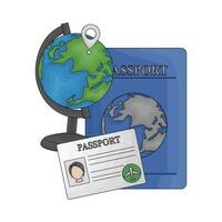 pasaporte libro, boleto, pasaporte carné de identidad tarjeta con ubicación en globo ilustración vector