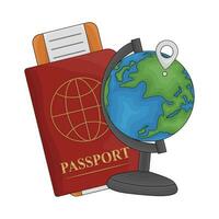 ticket in passport book with location in globe illustration vector