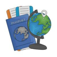 ticket in passport book with location in globe illustration vector