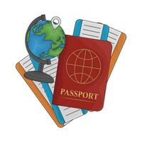 boleto en pasaporte libro con ubicación en globo ilustración vector