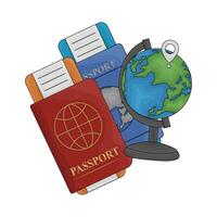 ticket in passport book with location in globe illustration vector