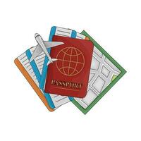 tiket in passport book, airplane with maps illustration vector