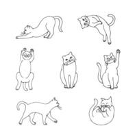 Vector drawing of a group of cats in cartoon style on a white background, hand drawn.