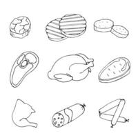 Vector set of meat products hand drawn in cartoon style on a white background.