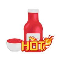 caliente fuego, botella salsa con salsa en cuenco ilustración vector