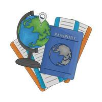 ticket in passport book with location in globe illustration vector