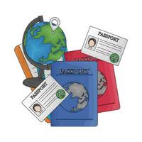 passport book, globe, ticket  with  passport id card illustration vector