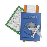 boleto, pasaporte libro, mapas con avión ilustración vector