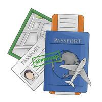 passport book aproved, passport card, ticket with maps illustration vector