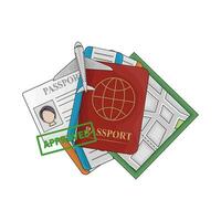 pasaporte libro aprobado, pasaporte tarjeta, boleto con mapas ilustración vector