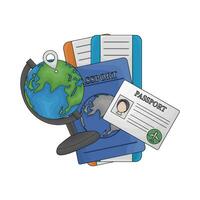 passport book, ticket, passport id card with location in globe illustration vector