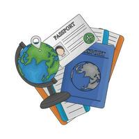 passport book, ticket, passport id card with location in globe illustration vector