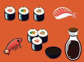 japonés alimento, Sushi, soja salsa, camarón y japonés comidas vector modelo ilustración