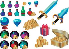 icons for games HP potions, MP, mana, and various potions, gold, gift, swords, diamond, currency, various icon illustrations ready for online or offline games vector