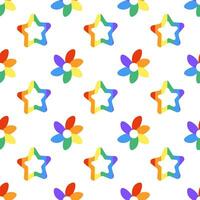 Seamless Pattern with LGBT Rainbow stars and flowers. LGBTQ. Symbol of the LGBT pride community. Vector illustration.