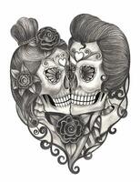 Sugar skull lovers day of the dead design by hand drawing on paper. vector