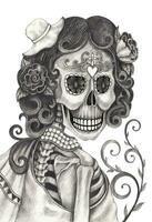 azúcar cráneo Moda modelo día de el muerto diseño por mano dibujo en papel. vector