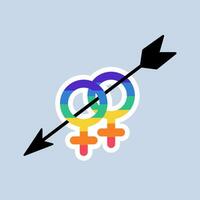 Lesbian Love symbol in LGBT flag colors. Two female gender icons icon pierced by an arrow in Rainbow color. LGBT sticker in doodle style. LGBTQ, LGBT pride community Symbol. vector