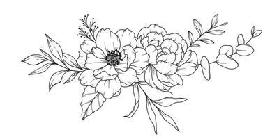 Peony Line Drawing. Black and white Floral Bouquets. Flower Coloring Page. Floral Line Art. Fine Line Peony illustration. Hand Drawn flowers. Botanical Coloring. Wedding invitation flowers vector