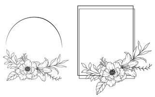 Peony Line Drawing. Black and white Floral Frames. Floral Line Art. vector