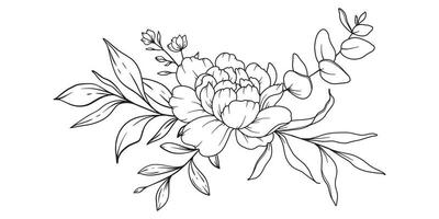 Peony Line Drawing. Black and white Floral Bouquets. Flower Coloring Page. Floral Line Art. Fine Line Peony illustration. Hand Drawn flowers. Botanical Coloring. Wedding invitation flowers vector