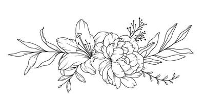 Peony Line Drawing. Black and white Floral Bouquets. Flower Coloring Page. Floral Line Art. Fine Line Peony illustration. Hand Drawn flowers. Botanical Coloring. Wedding invitation flowers vector