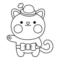 Vector black and white kawaii cat icon for kids. Cute line animal illustration or coloring page. Funny cartoon character. Adorable kitten clipart with bow and hat with flower