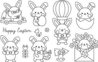 Vector black and white Easter bunny set for kids. Cute kawaii line rabbits collection. Funny cartoon characters. Traditional spring holiday symbol illustration or coloring page with hare