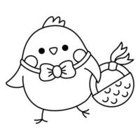 Vector black and white Easter chick icon for kids. Cute kawaii line chicken illustration or coloring page. Funny cartoon bird character. Traditional spring holiday symbol with basket going on egg hunt