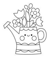 Vector black and white kawaii watering can with first flowers icon for kids. Cute line Easter symbol illustration or coloring page. Funny cartoon character. Adorable spring smiling pot