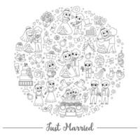 Vector black and white wedding round frame with just married couple. Marriage ceremony card template for banners, invitations. Cute line matrimonial illustration or coloring page