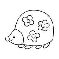 Vector black and white kawaii hedgehog icon for kids. Cute line illustration or coloring page. Funny cartoon character. Adorable clipart animal with flowers